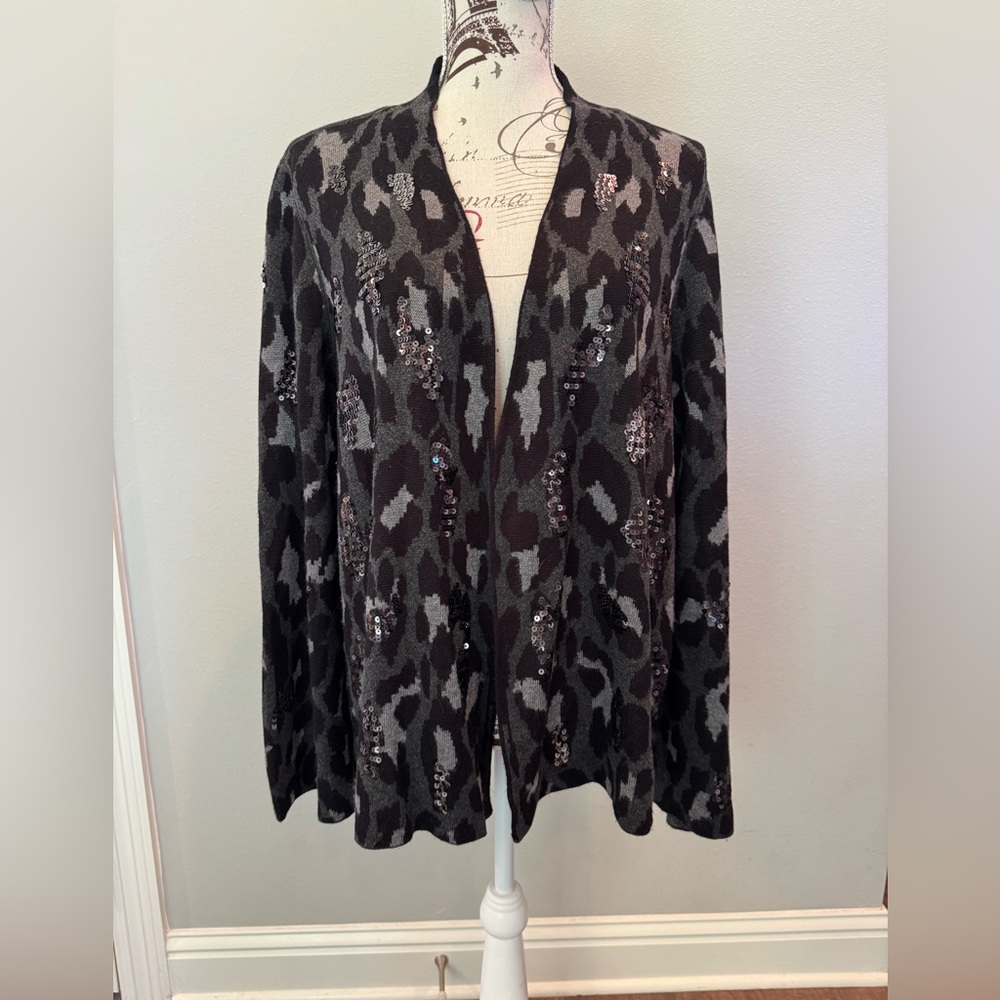 Chico’s Black and Gray Animal Print Cardigan